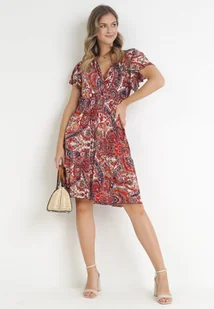 Czerwona Kwiecista Sukienka Mini z Gumką w Talii i Krótkimi Rękawami Scillenne - Sukienki - miniaturka - grafika 1
