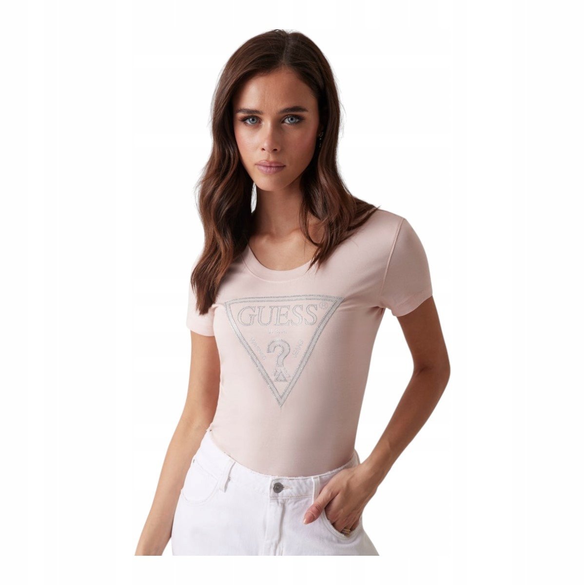 GUESS KOSZULKA DAMSKA T-SHIRT SS CN SHINY TRIANGLE RÓŻOWA r.S