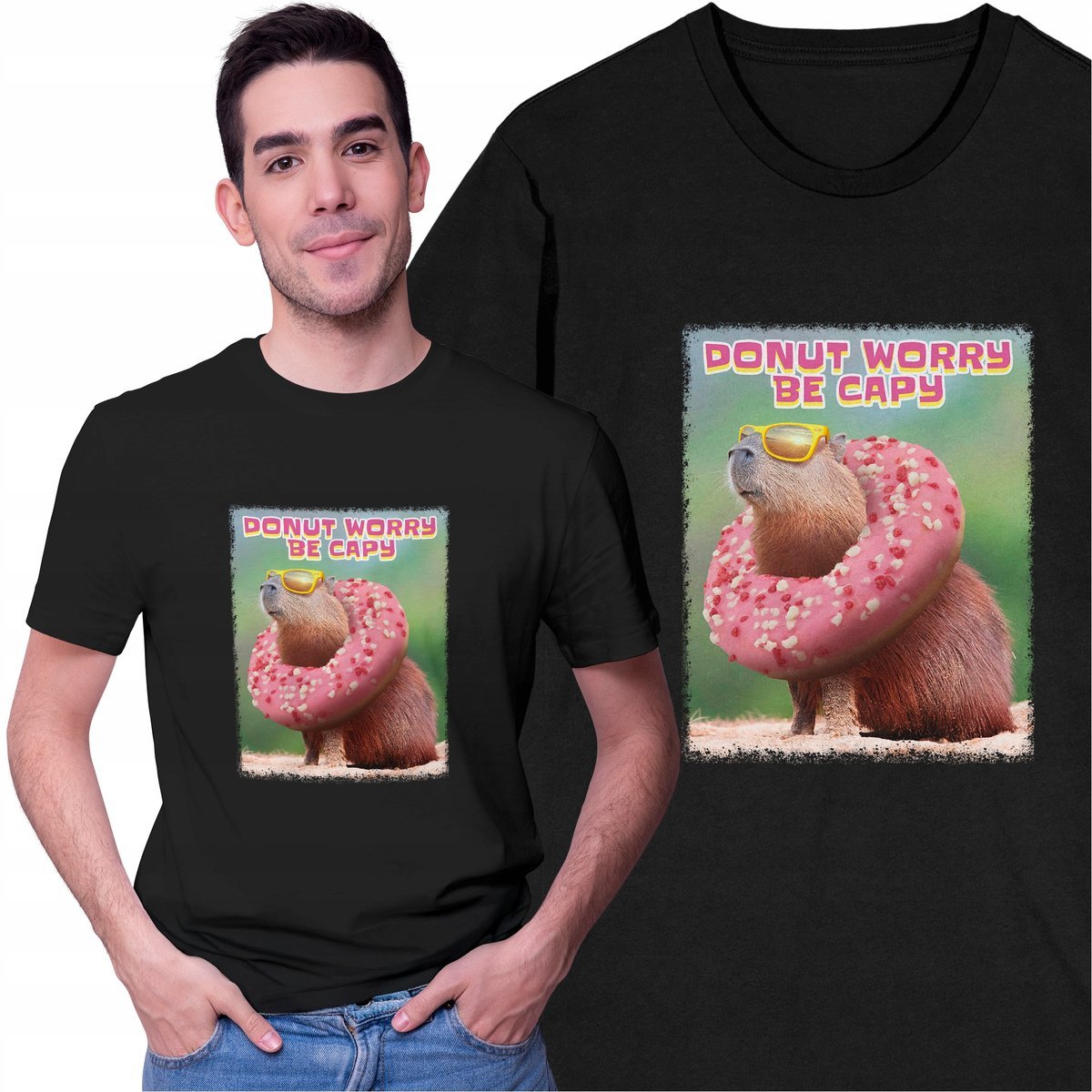 Koszulka Męska Śmieszny T-shirt Kapibara Pączek Donut Zwierzęta Prezent