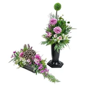 Sztuczne kwiaty - CYNIE GROSZEK WRZOS (1050.15) stroik + bukiet KOMPLET na grób cmentarz - miniaturka - grafika 1