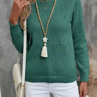 Swetry damskie - TEMU Zielony Sweter - Elegancki Turkusowy Sweter z Okrągłym Dekoltem, Wysoka Elastyczność i Chwytliwe Frędzle (Bez Guzików/Sznurówek) - Sweter na - miniaturka - grafika 1