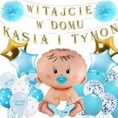 Balony i akcesoria - ZESTAW WITAJCIE W DOMU + IMIONA BANER BALONY POWITANIE ŻONY SYNA NARODZINY - miniaturka - grafika 1