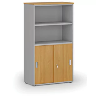 Szafa biurowa kombinowana PRIMO GRAY, drzwi przesuwne na 2 poziomach, 1434 x 800 x 420 mm, szary/buk - Szafy biurowe - miniaturka - grafika 1