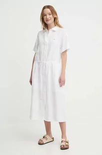 Tommy Hilfiger sukienka lniana kolor biały midi rozkloszowana WW0WW41911 - Sukienki - miniaturka - grafika 1