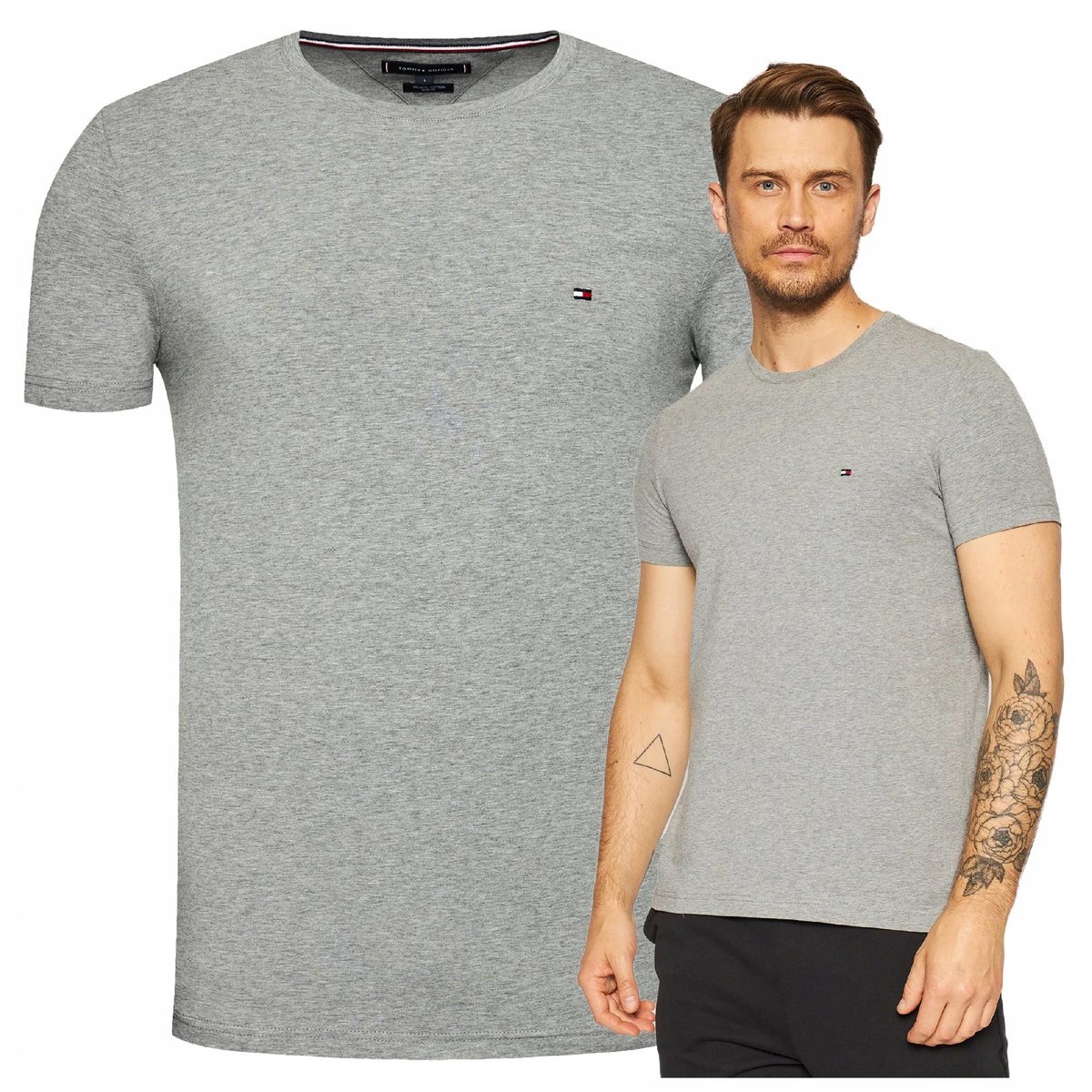Tommy Hilfiger Koszulka Męska Szary T-shirt Sportowy Bawełniany Basic r.S