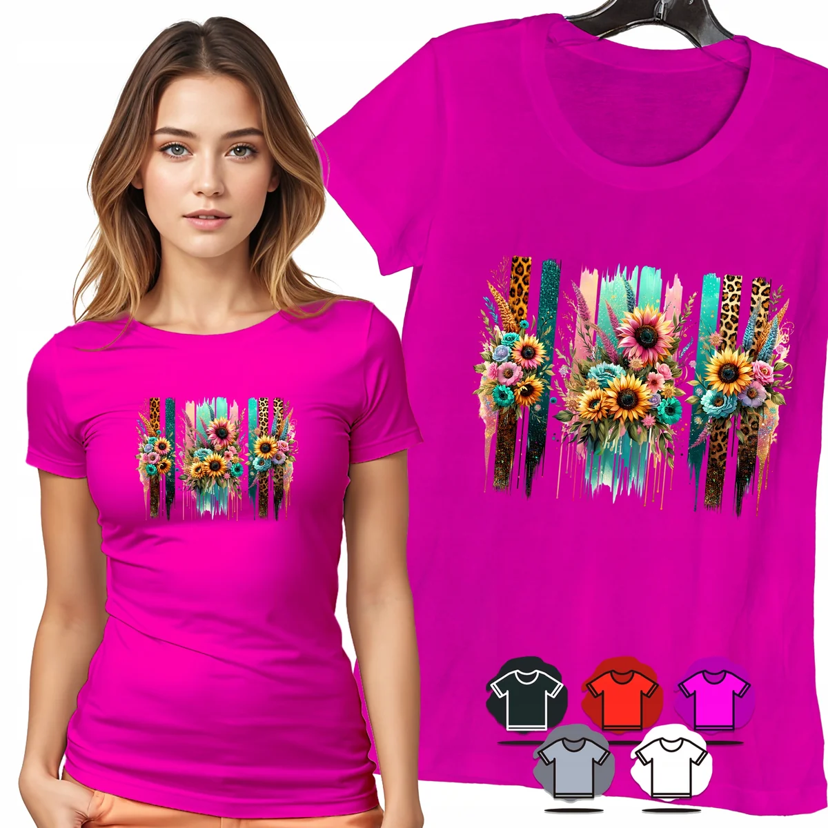 KOSZULKA DAMSKA T-SHIRT - SŁONECZNIKI PANTERKA PASKI DAMSKI WZÓR MODNY - XS