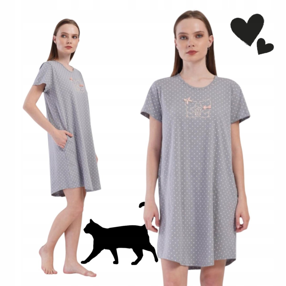 UROCZA KOSZULA NOCNA VIENETTA KOTKI groszki kieszenie szara 50 52 5XL 6XL 1