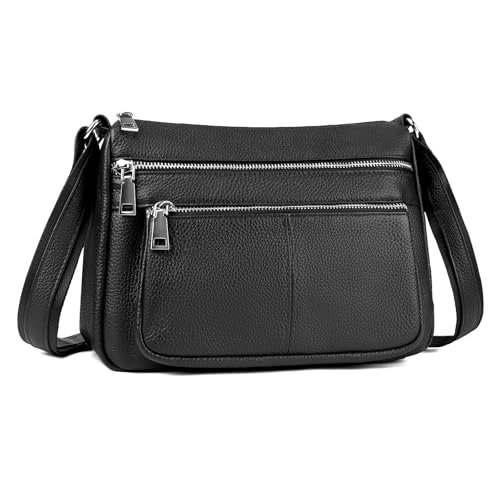 befen Torebki crossbody z prawdziwej skóry dla kobiet, damskie średnie kieszonki torby na ramię torebki z wieloma kieszeniami na zamek błyskawiczny, Czarny, Medium