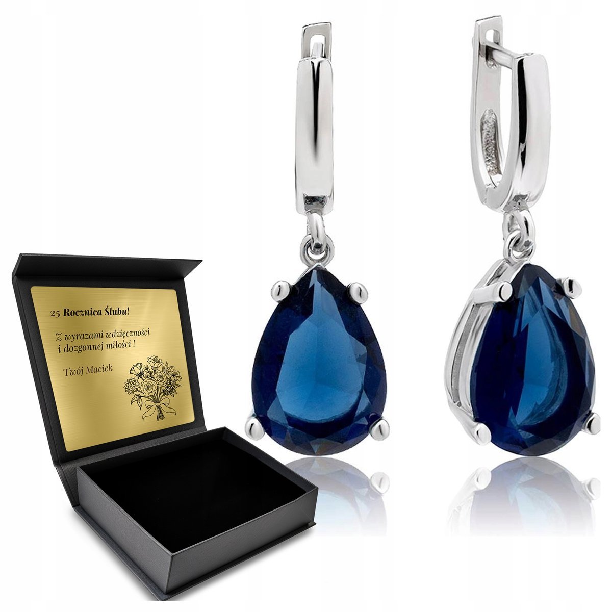 Kolczyki Srebrne 925 Szafir Piękna Biżuteria Dla Kobiety + Grawer