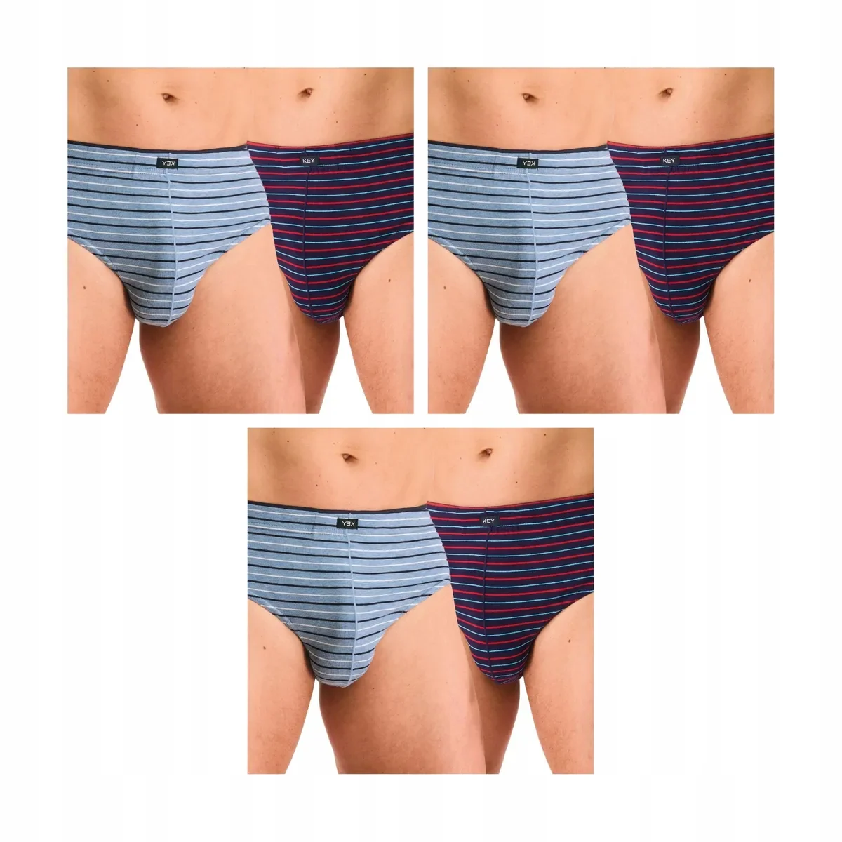 3-PAK Slipy męskie Key w paski 2-pack szaroniebieskie i granatowe L