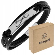 Bransolety męskie - Bransoletka męska skórzana z GRAWEREM czarna STAL - miniaturka - grafika 1