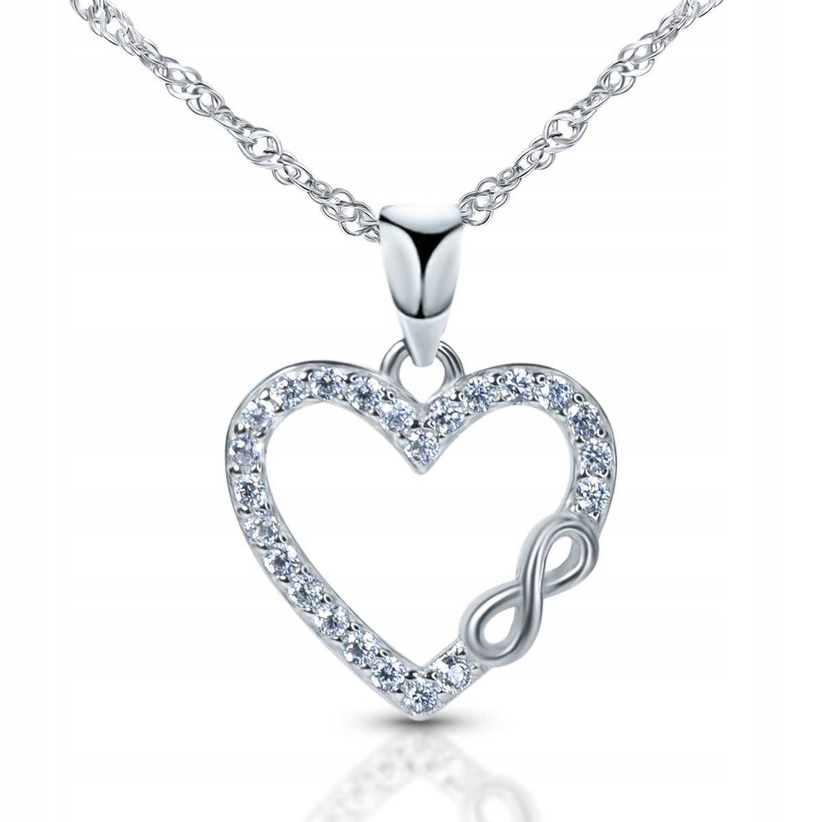 Naszyjnik srebrny damski z cyrkoniami i nieskończonością 925 pudełko