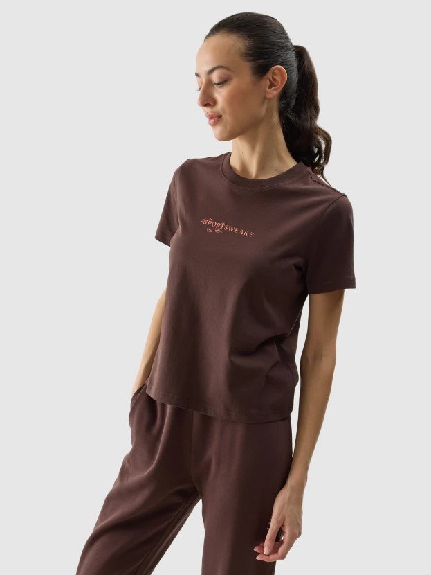 T-shirt regular z nadrukiem damski 4F 4FWSS24TTSHF1354-80S Beżowy