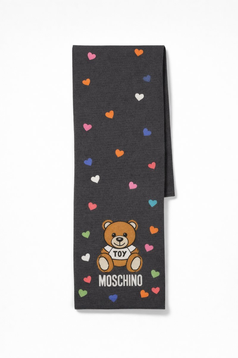 MOSCHINO CZARNA CHUSTA Z MISIEM I KOLOROWYMI SERDUSZKAMI I4A