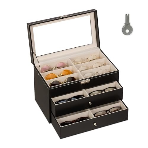 Relaxdays Pudełko na okulary, 18 okularów, imitacja skóry, aksamitne obicie, szklane okienko, wys. x szer. x gł.: 22,5 x 33,5 x 19 cm, etui na okulary, czarne