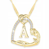 Naszyjniki - Złoty Naszyjnik Litera Serce Kwiat Różą z Literką Inicjał A SREBRO 925 - miniaturka - grafika 1