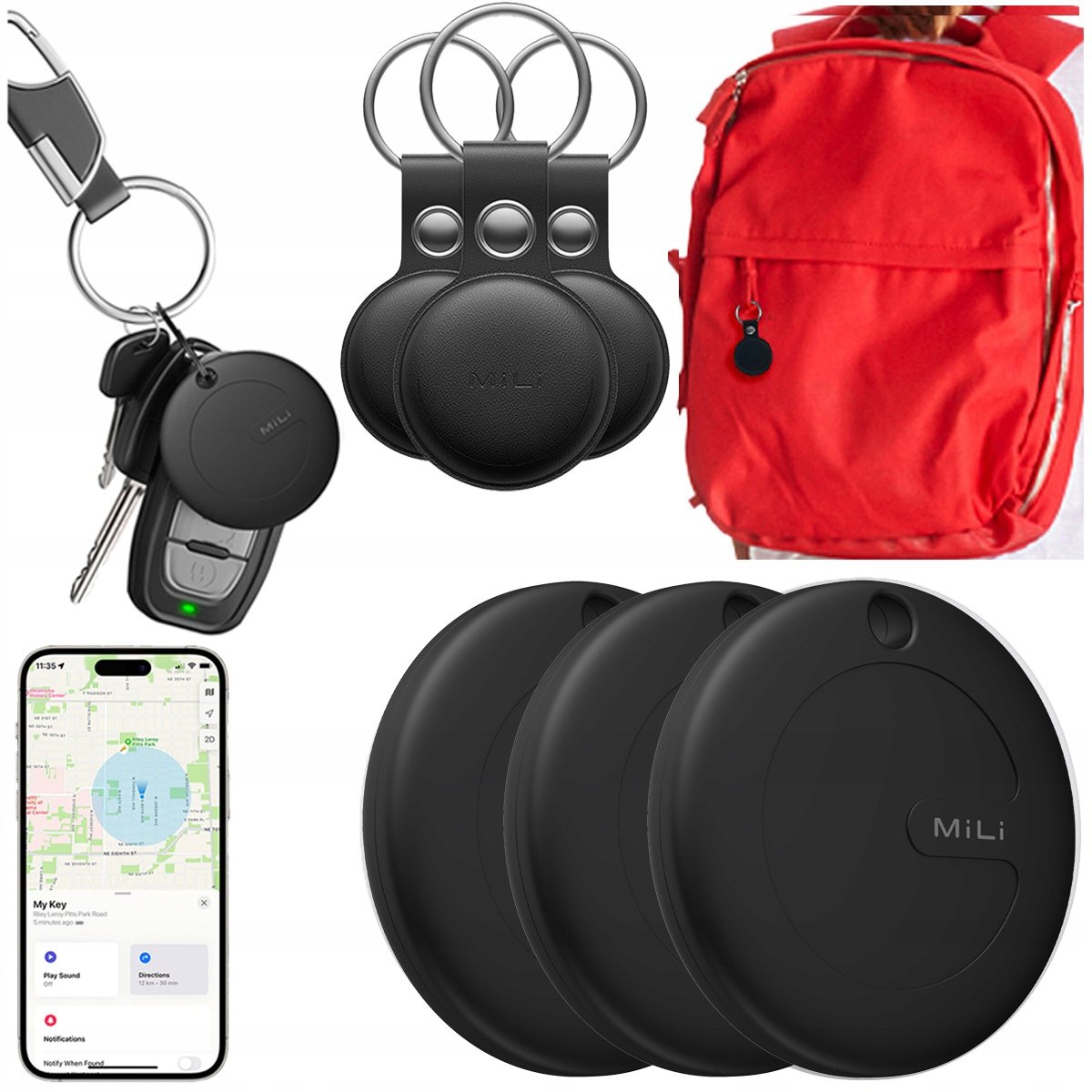 Lokalizator Gps 3x MiTag MiLi do iOS 3x Etui Brelok do plecaka kluczy psa