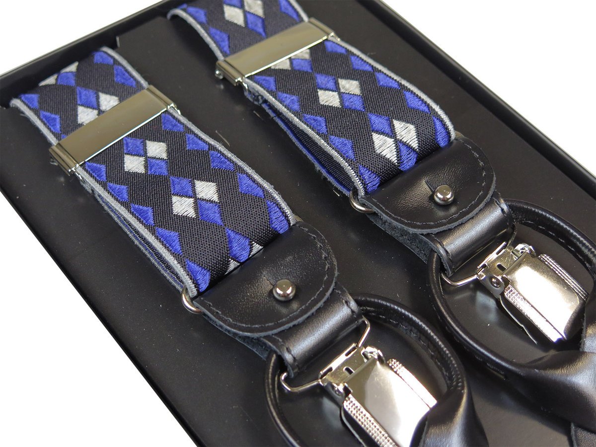 Czarne szelki na guziki w granatowe i szare romby G27