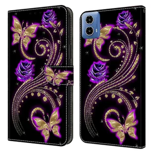 Do Motorola Moto G24 4G Pokrowiec na portfel Skórzany futerał na telefon z nadrukiem 3D Fioletowe kwiaty Motyle - Portfele - miniaturka - grafika 1