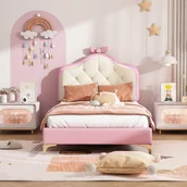 Łóżka dla dzieci i młodzieży - Łóżko dziecięce tapicerowane z kolorowym LED i kokardą na głowie - ze skaju - 90x200cm - z stelażem na listwach - Różowe - miniaturka - grafika 1