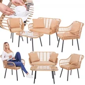 Meble ogrodowe - Meble ogrodowe technorattanowe komplet sofa, fotele i stolik ze szklanym blatem beżowe - miniaturka - grafika 1