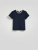 Koszulki i topy damskie - Reserved - T-shirt z kontrastową lamówką - granatowy - miniaturka - grafika 1