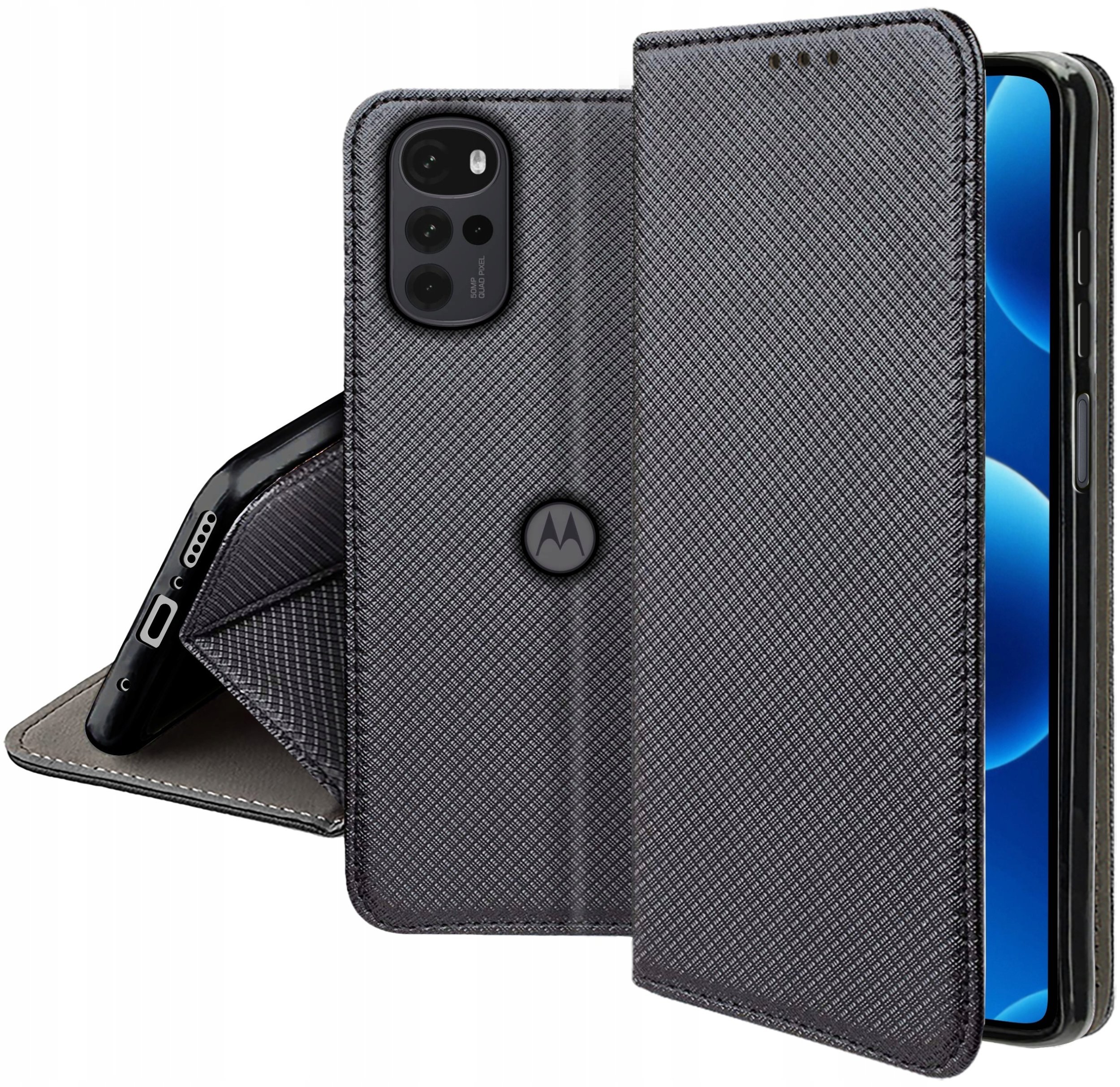 krainaGSM Etui Z Klapką Do Motorola G22 Zamykane Czarne Futerał + Szkło 9H