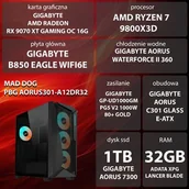 Zestawy komputerowe - Komputer MAD DOG Powered by Gigabyte AORUS301-A12DR32 R7-9800X3D 32GB RAM 1TB SSD Radeon RX9070XT Wi-Fi - miniaturka - grafika 1