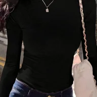 Bluzki damskie - TEMU Sweter Damski Elegancki i Seksowny - Czarny, Długi Rękaw, Okrągły Dekolt, Średnio Elastyczny, Uniwersalna Koszula na Jesień/Zimę, Jednokolorowy, - miniaturka - grafika 1