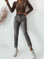 Spodnie damskie - SZARE SPODNIE JEANSOWE MOM FIT Z WYSOKIM STANEM+ PASEK ZE WSTĄŻKĄ - Olika - miniaturka - grafika 1