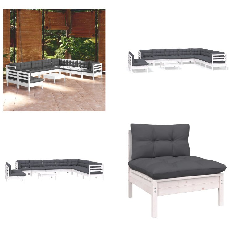 vidaXL 11-częściowy zestaw wypoczynkowy do ogrodu z poduszkami biała lita sosna - Zestaw wypoczynkowy do ogrodu - Zestawy wypoczynkowe do ogrodu - Zestawy mebli ogrodowych - Zestawy mebli ogrodowych