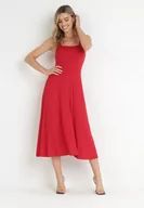 Sukienki - Bordowa Rozkloszowana Sukienka Midi na Szerokich Ramiączkach z Okrągłym Dekoltem Zateni - miniaturka - grafika 1