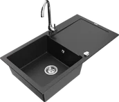 Zlewozmywaki z baterią - Mexen Leo zlewozmywak granitowy 1-komorowy z ociekaczem i baterią kuchenną Telma, czarny/srebrny metalik - 6501-73-670200-00 - miniaturka - grafika 1