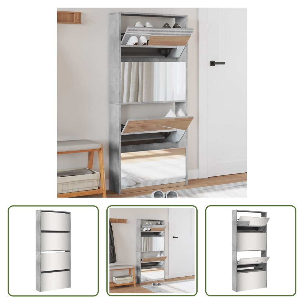 The Living Store Szafka na buty z lustrem 4 przegrody beton szary 63x17x134 cm