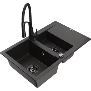 Mexen Gaspar zlewozmywak granitowy 1,5-komorowy z ociekaczem i baterią kuchenną Aster, czarny/złoty metalik - Zlewozmywaki z baterią - miniaturka - grafika 1