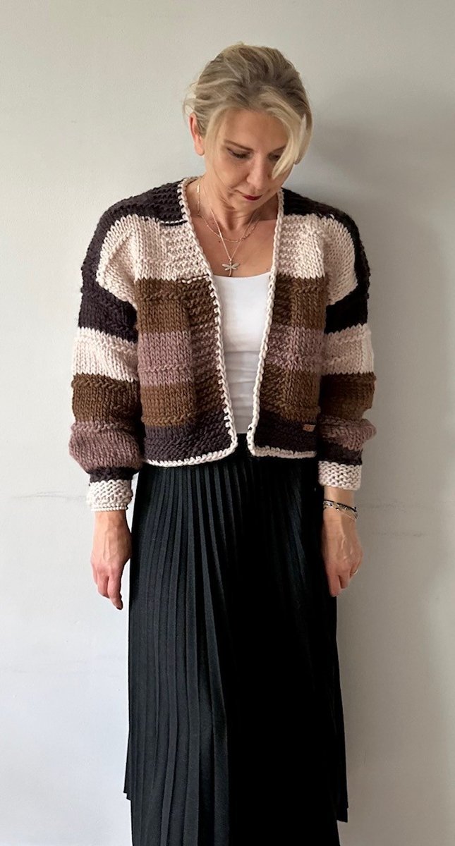 Kardigan wełna ręcznie robiony odcienie beżu brazu handmade