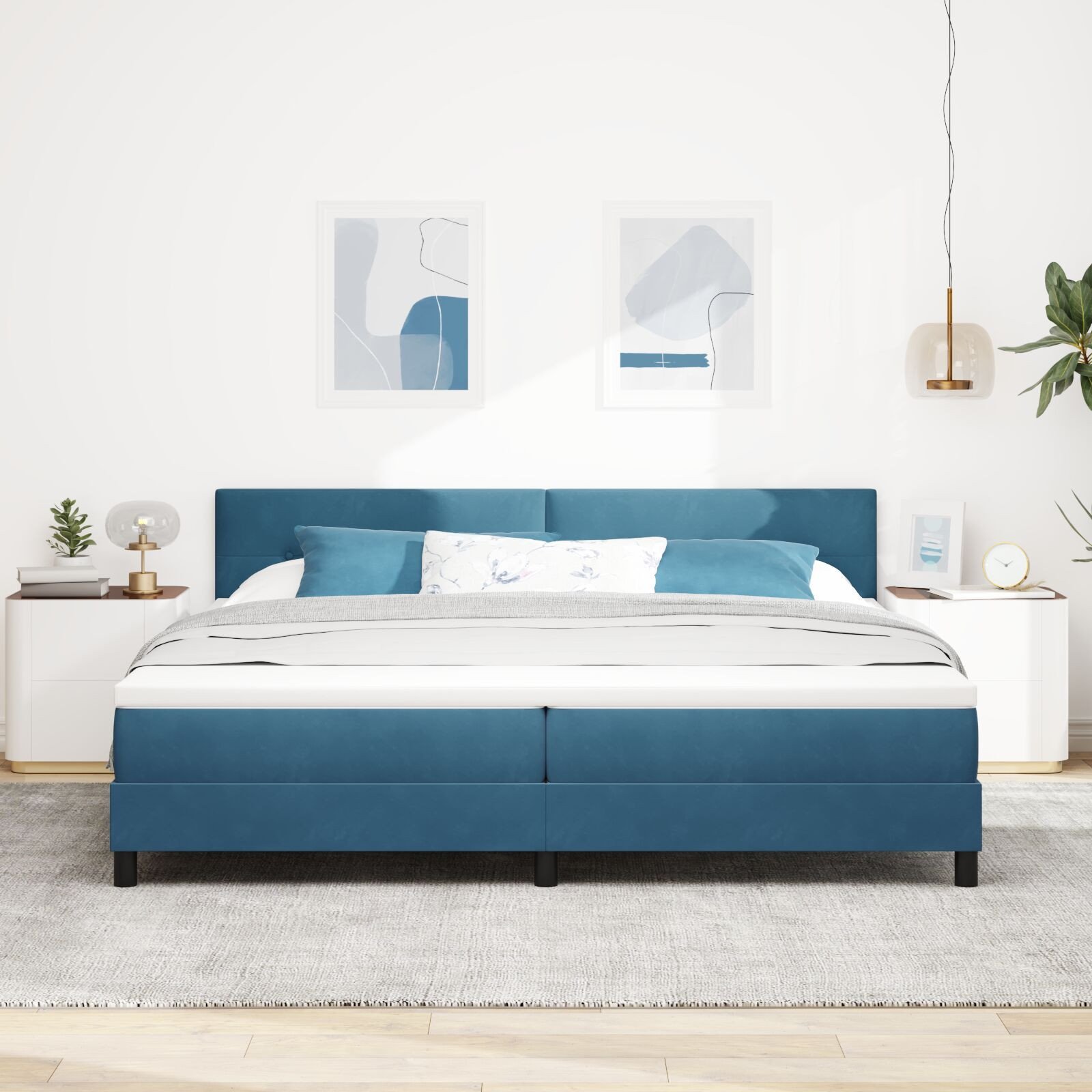 Łóżko kontynentalne z materacem ciemnoniebieskim 200x200 cm aksamitnym