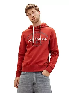 Bluzy męskie - Męska bluza z kapturem TOM TAILOR Basic z nadrukiem logo, 14302-aksamitna czerwień, XXXL - grafika 1