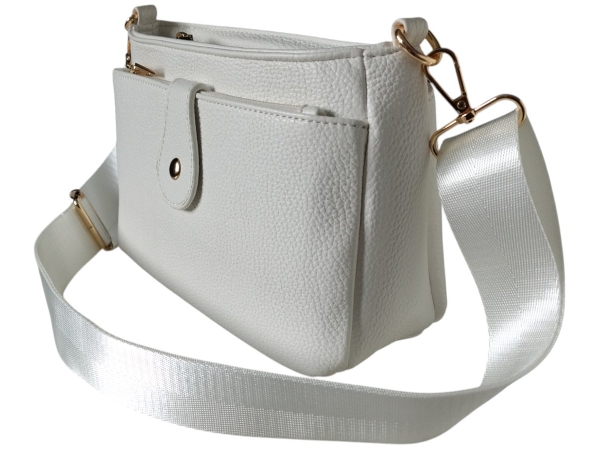 Torebka Damska, Miejska Mała Listonoszka Na Ramię, Kolor Biały, 2 Paski