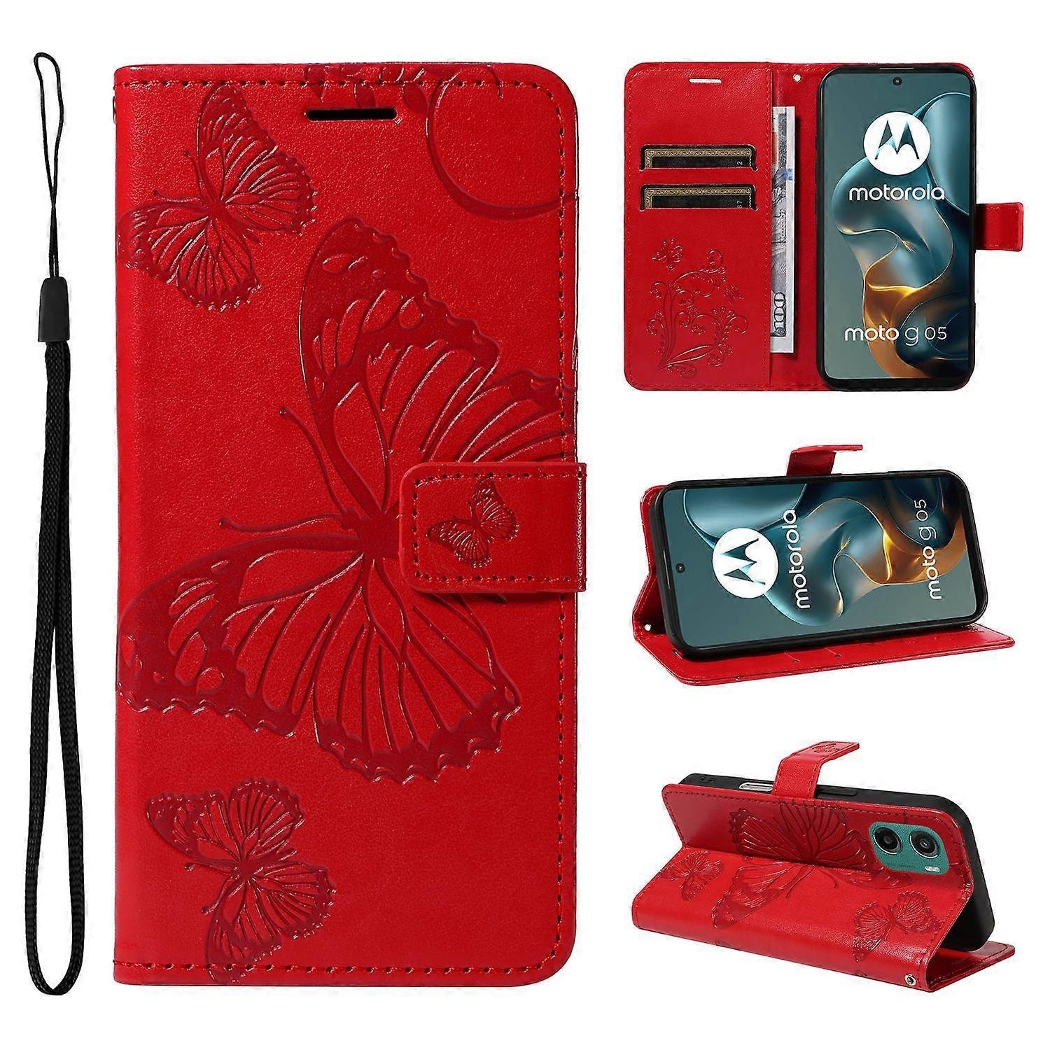 Dla Motorola Moto G05 4G Portfel Kwiatowy Motyl Nadrukowany Skórzany Pokrowiec na Telefon Stojak-Czerwony Wielobarwny Red