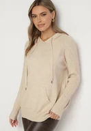 Swetry damskie - Beżowy Sweter z Kapturem i Kieszenią z Domieszką Kaszmiru Neriele - miniaturka - grafika 1
