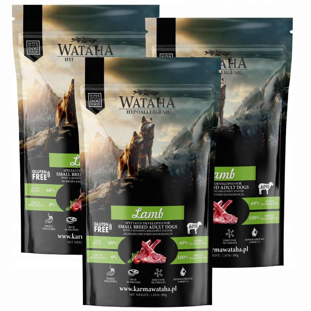 WATAHA HYPOALLERGENIC ADULT DOGS DLA MAŁYCH RAS O SMAKU JAGNIĘCINY Z RYŻEM 500g