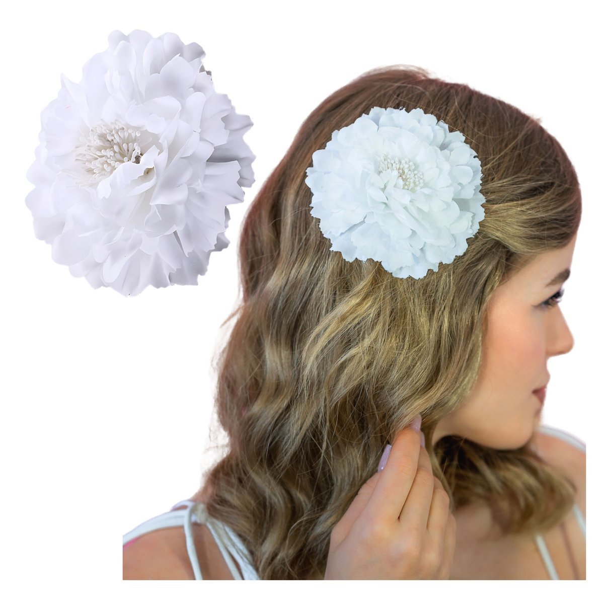 Spinka do Włosów Biała Duża Kwiat Piwonia Wsuwka Lekka i Efektowna
