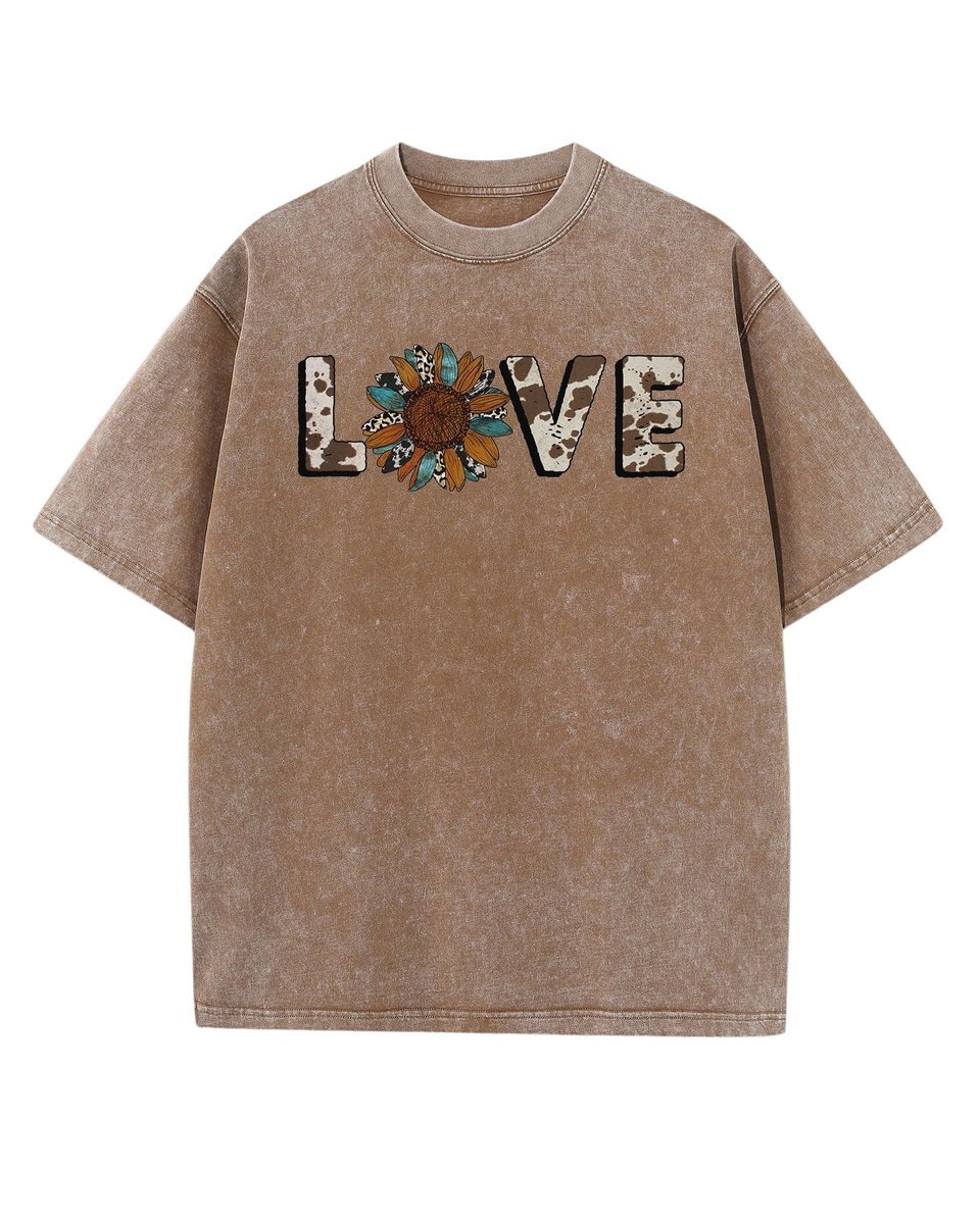 Damska koszulka oversize efekt sprania Miłość Love Kwiaty Brązowa S