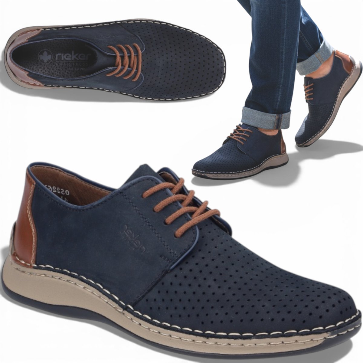 Półbuty Skórzane Męskie RIEKER Wygodne Eleganckie Oddychające Granatowe 42