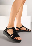 Sandały damskie - Czarne Klasyczne Sandały na Płaskiej Podeszwie z Ażurowym Zdobieniem i Zapięciem przy Kostce Moonque - miniaturka - grafika 1