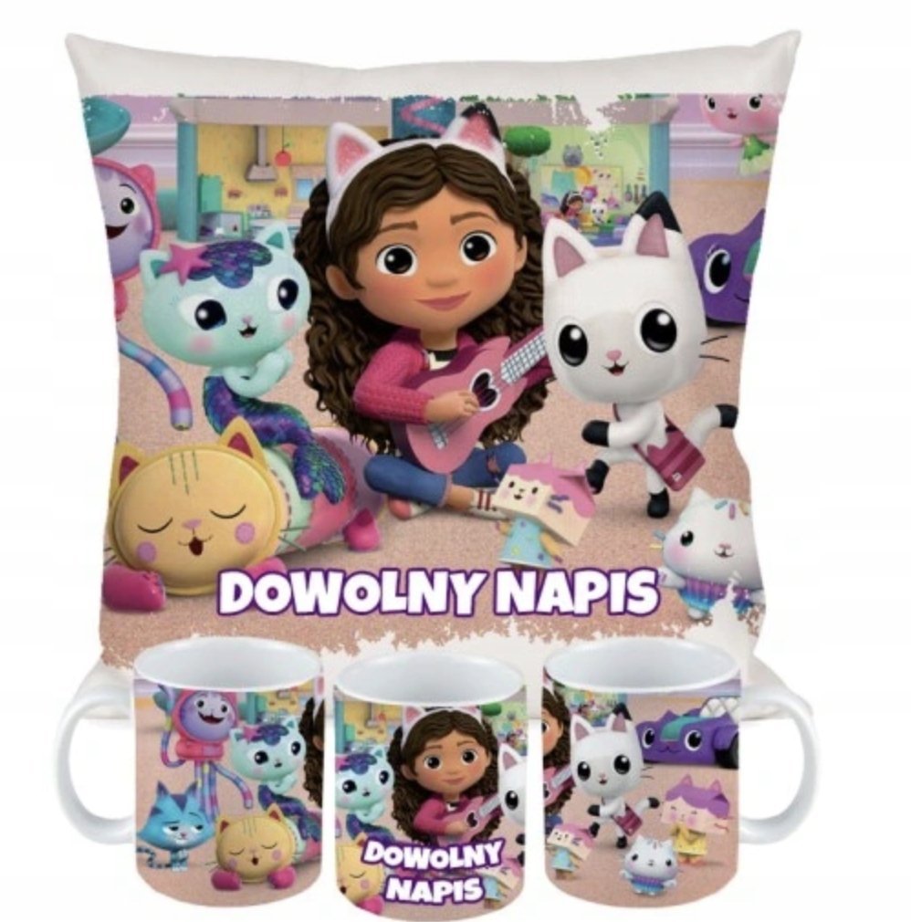 ZESTAW PODUSZKA + KUBEK Prezent KOCI DOMEK GABI Bajka Gabi Kotki + IMIĘ 17