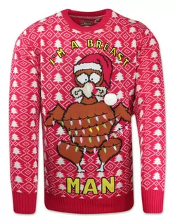 Swetry męskie - Sweter Świąteczny, Czerwony z Kurczakiem w Światełkach, Śmieszny na Prezent, Męski -Brave Soul - grafika 1