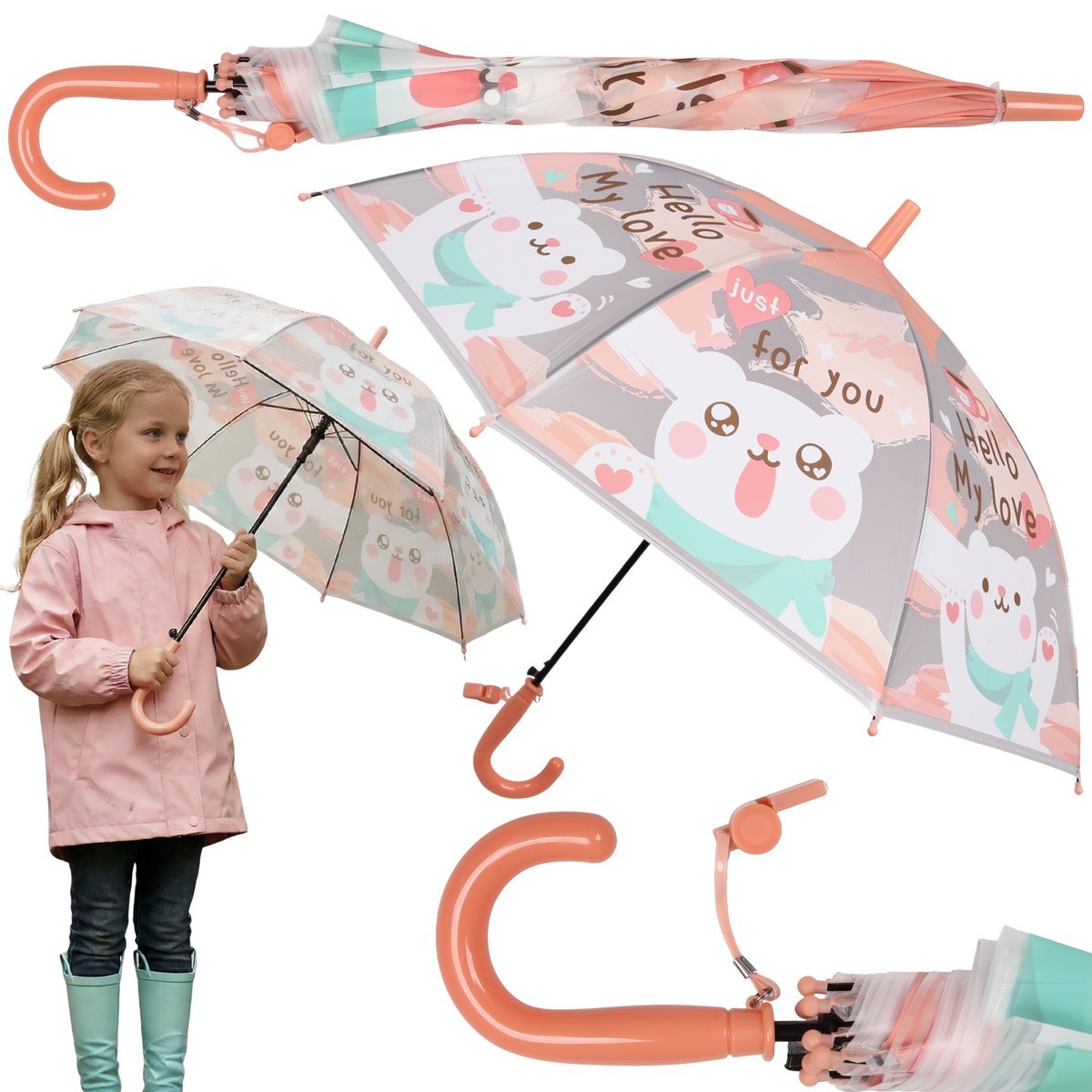 AUTOMATYCZNA Parasolka przeciwdeszczowa dla dzieci, BIAŁY MIŚ, SKŁADANY parasol Z GWIZDKIEM 83cm