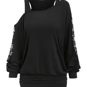 Inne - TEMU Kobieca Casualowa Bluzka z Długim Rękawem i Koronkowym Panelem - Czarna, z Odkrytymi Ramionami i Marszczonym Designem, Mieszanka Poliestru i - miniaturka - grafika 1